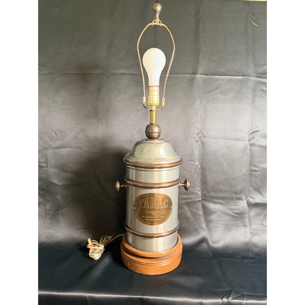 Vintage Tabac Martinique Industrial Metal Table Lamp Wood Base Rustic Decor